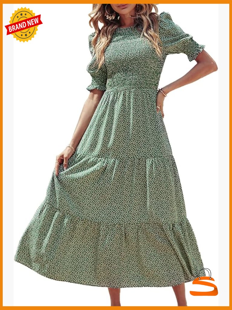 Smocked Floral Maxi Dress With Puff Sleeves & Pockets